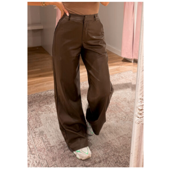 LEATHERLOOK WIDE FIT PANTS-BROWN