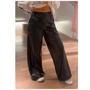 Wide vegan leather pants - black