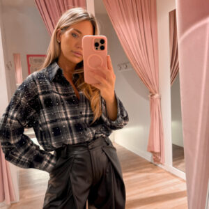 Rhinestone check blouse - navy